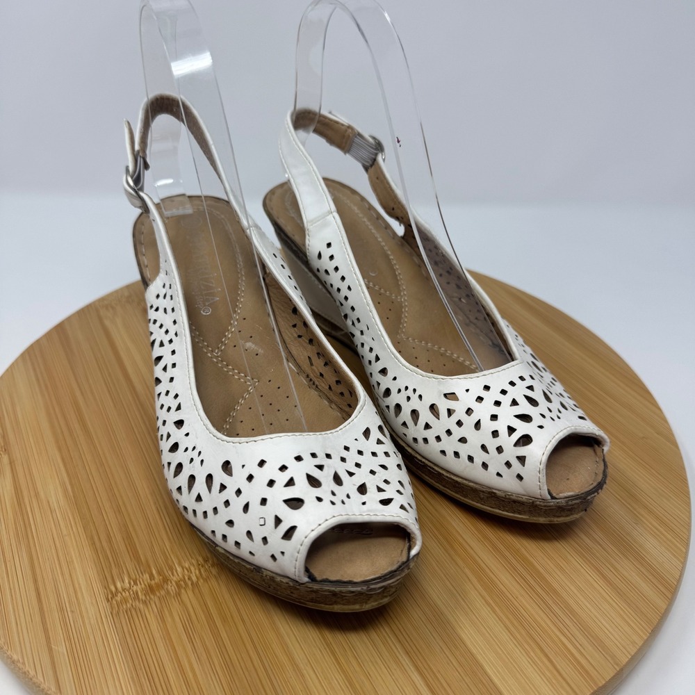 Patrizia Wedge Sandals Womens 39 White Laser Cut Peep Toe Slingback Boho Summer